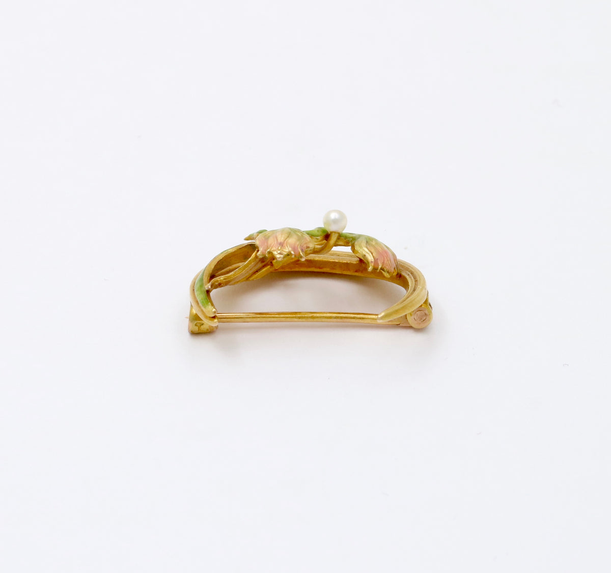 Art Nouveau Krementz 14K Gold and Enamel Crescent and Lotus Flower Pin