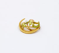 Art Nouveau Krementz 14K Gold and Enamel Crescent and Lotus Flower Pin