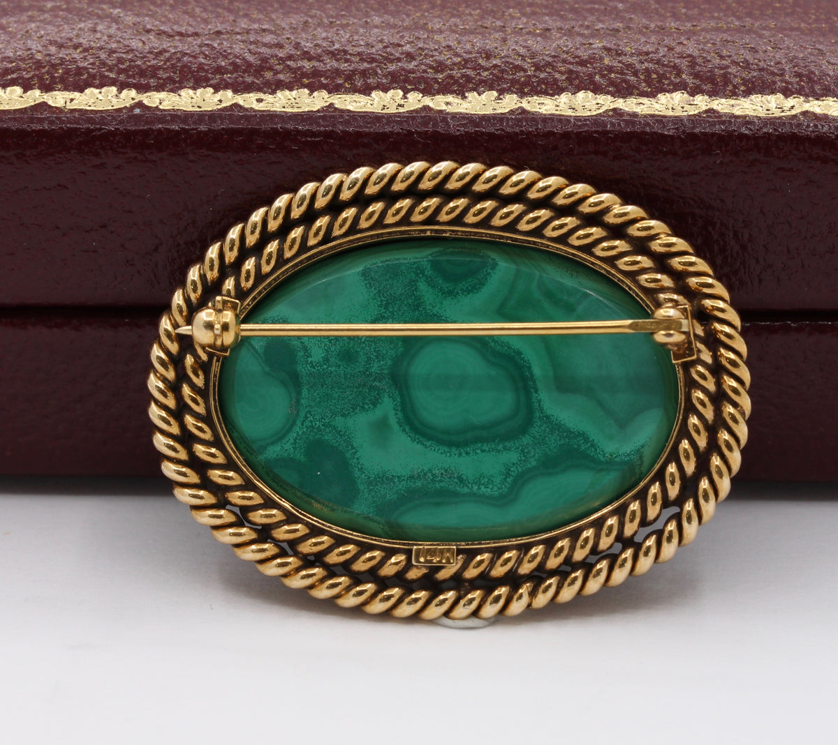 Vintage Malachite Intaglio of Saturn Cronos in 14K Gold Brooch Pin - alpha-omega-jewelry