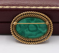 Vintage Malachite Intaglio of Saturn Cronos in 14K Gold Brooch Pin - alpha-omega-jewelry