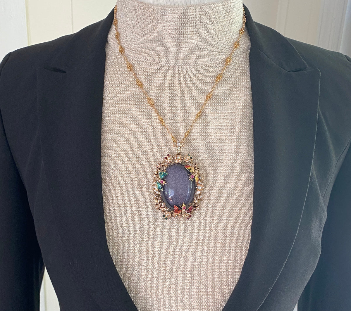 Large Victorian 14K Gold Goldstone, 2.5 Carat Diamond, Enamel Butterfly Flower Pendant, Antique Brooch