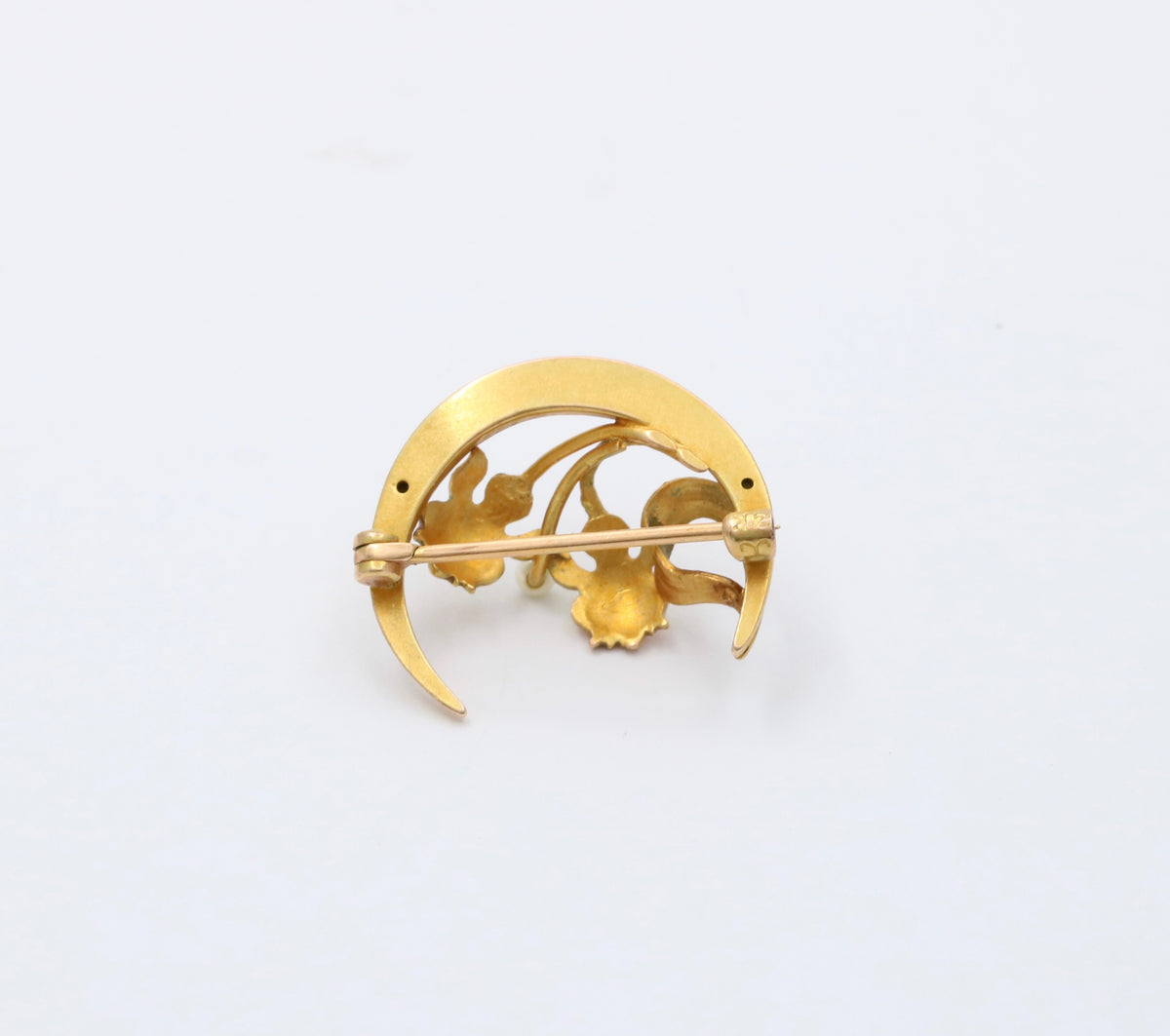 Art Nouveau Krementz 14K Gold and Enamel Crescent and Lotus Flower Pin