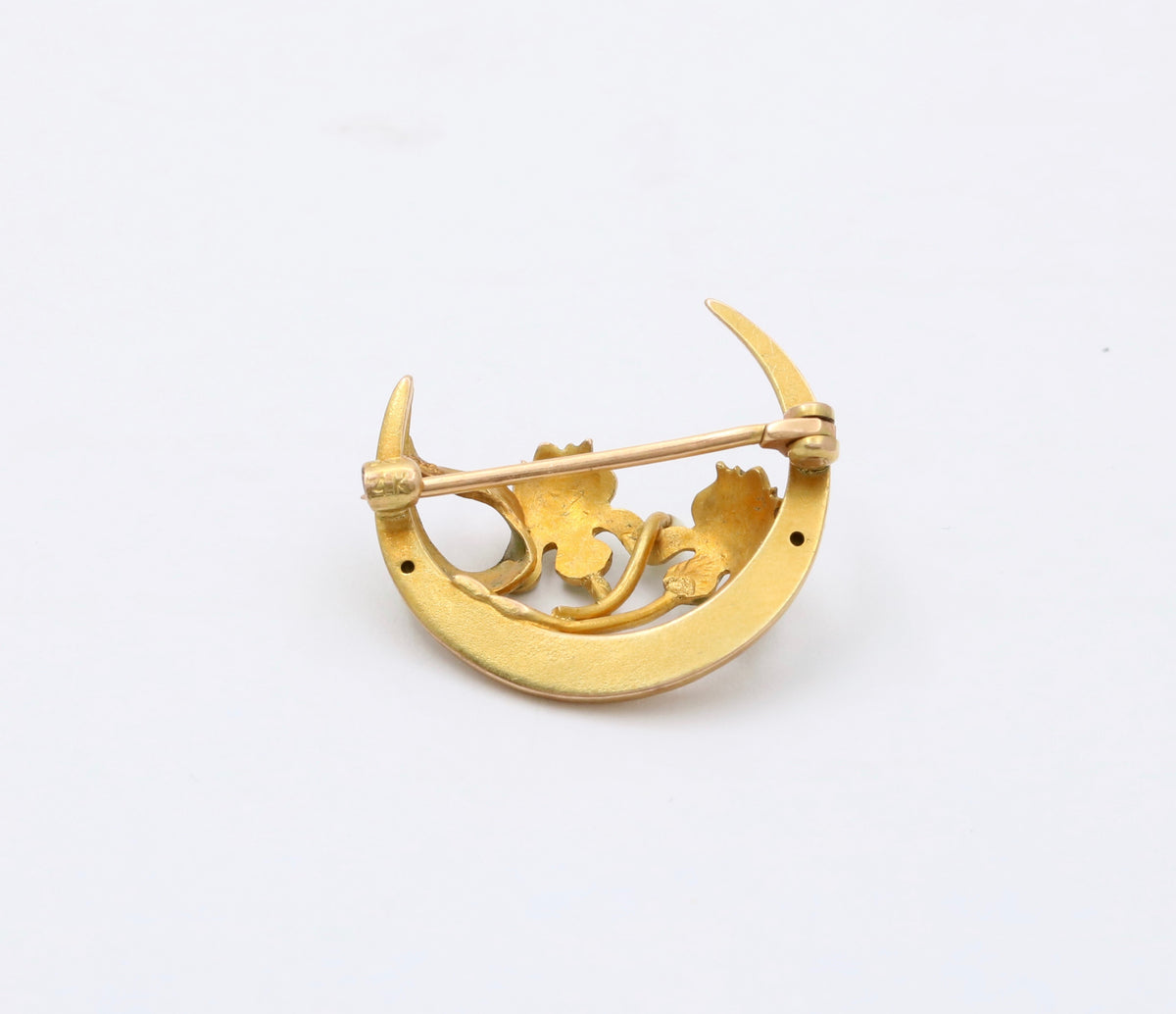 Art Nouveau Krementz 14K Gold and Enamel Crescent and Lotus Flower Pin