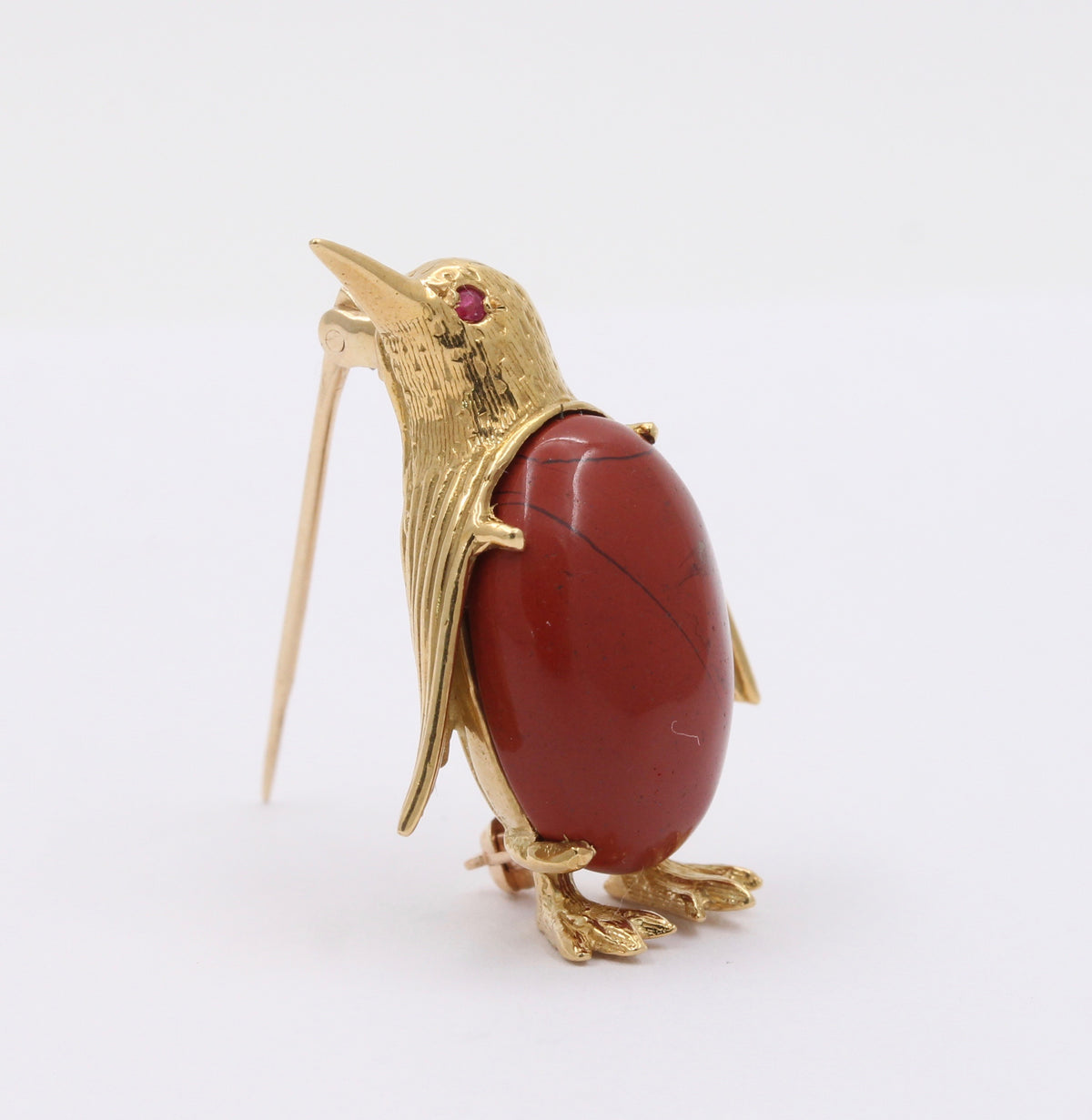 Vintage 18K Gold and Jasper Penguin Brooch, Italian Bird Pin