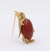 Vintage 18K Gold and Jasper Penguin Brooch, Italian Bird Pin