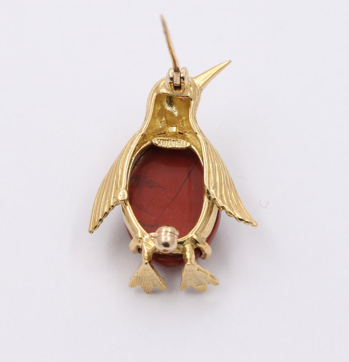 Vintage 18K Gold and Jasper Penguin Brooch, Italian Bird Pin