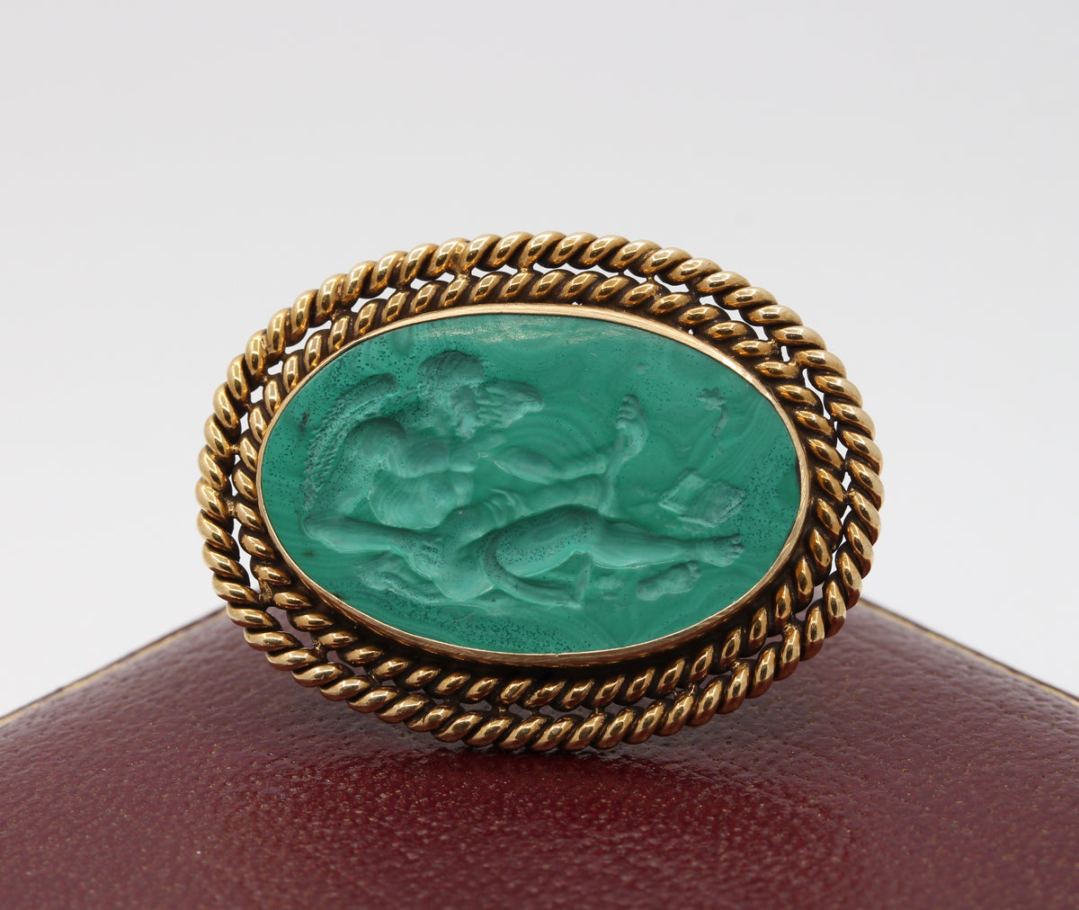 Vintage Malachite Intaglio of Saturn Cronos in 14K Gold Brooch Pin - alpha-omega-jewelry