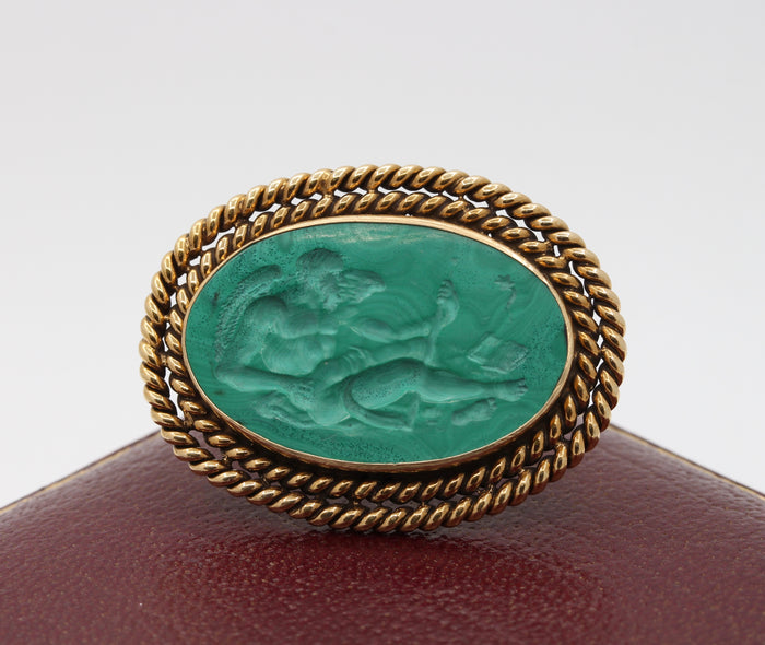 Vintage Malachite Intaglio of Saturn Cronos in 14K Gold Brooch Pin - alpha-omega-jewelry