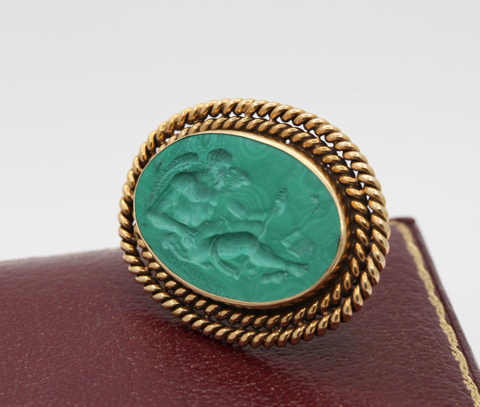 Vintage Malachite Intaglio of Saturn Cronos in 14K Gold Brooch Pin - alpha-omega-jewelry