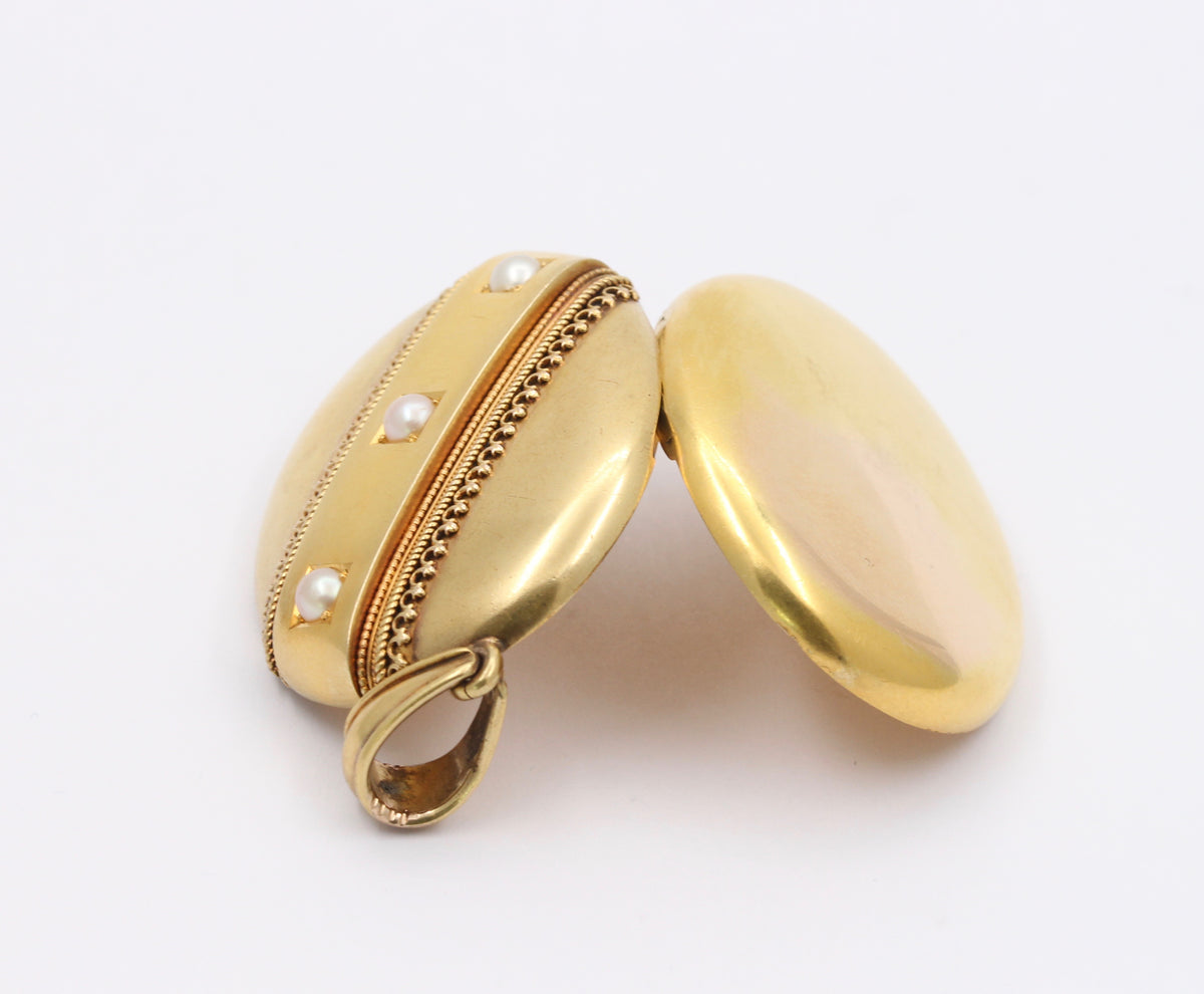 Large Victorian 18K Gold and Split Pearl Locket, Antique Pendant