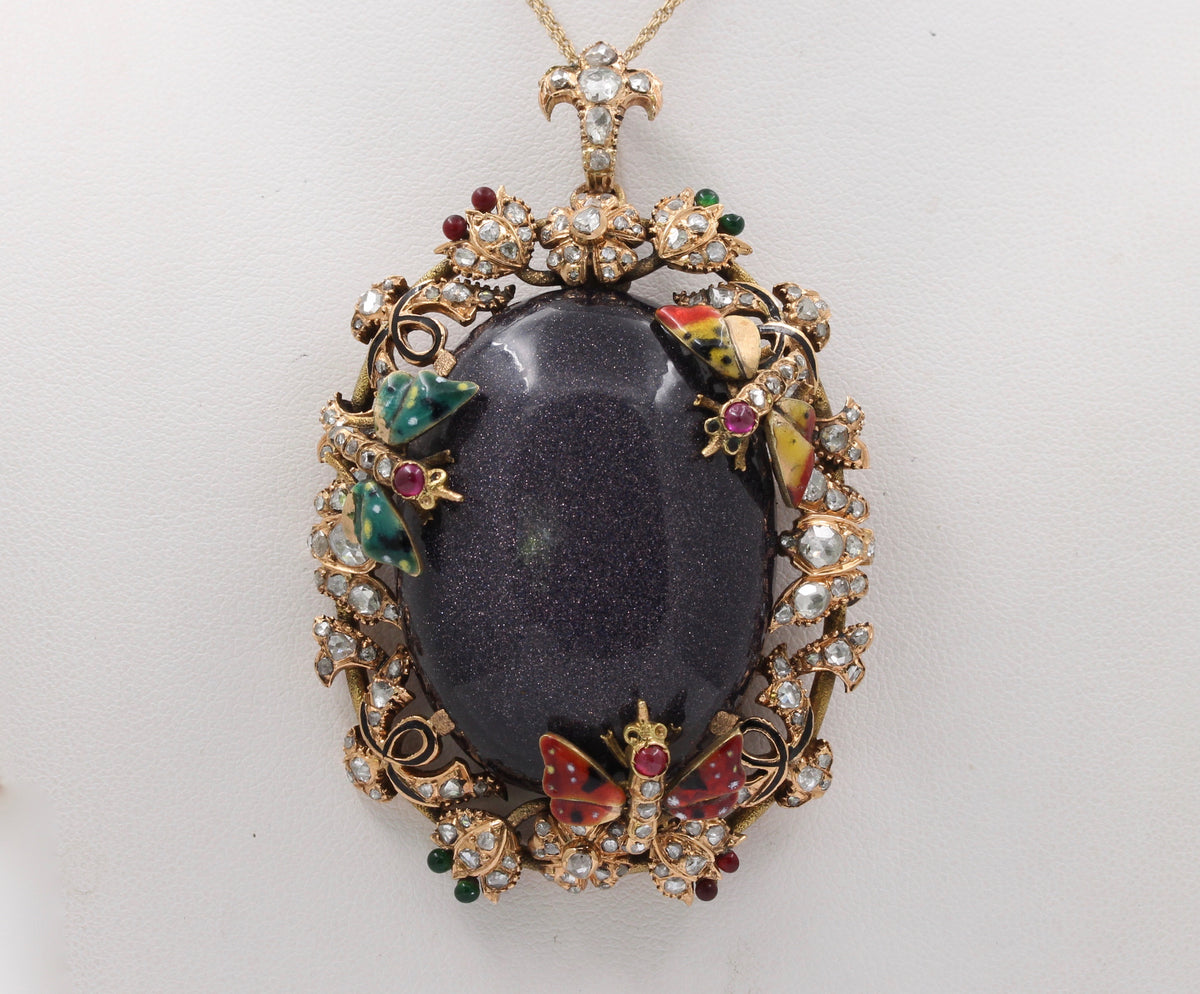 Large Victorian 14K Gold Goldstone, 2.5 Carat Diamond, Enamel Butterfly Flower Pendant, Antique Brooch