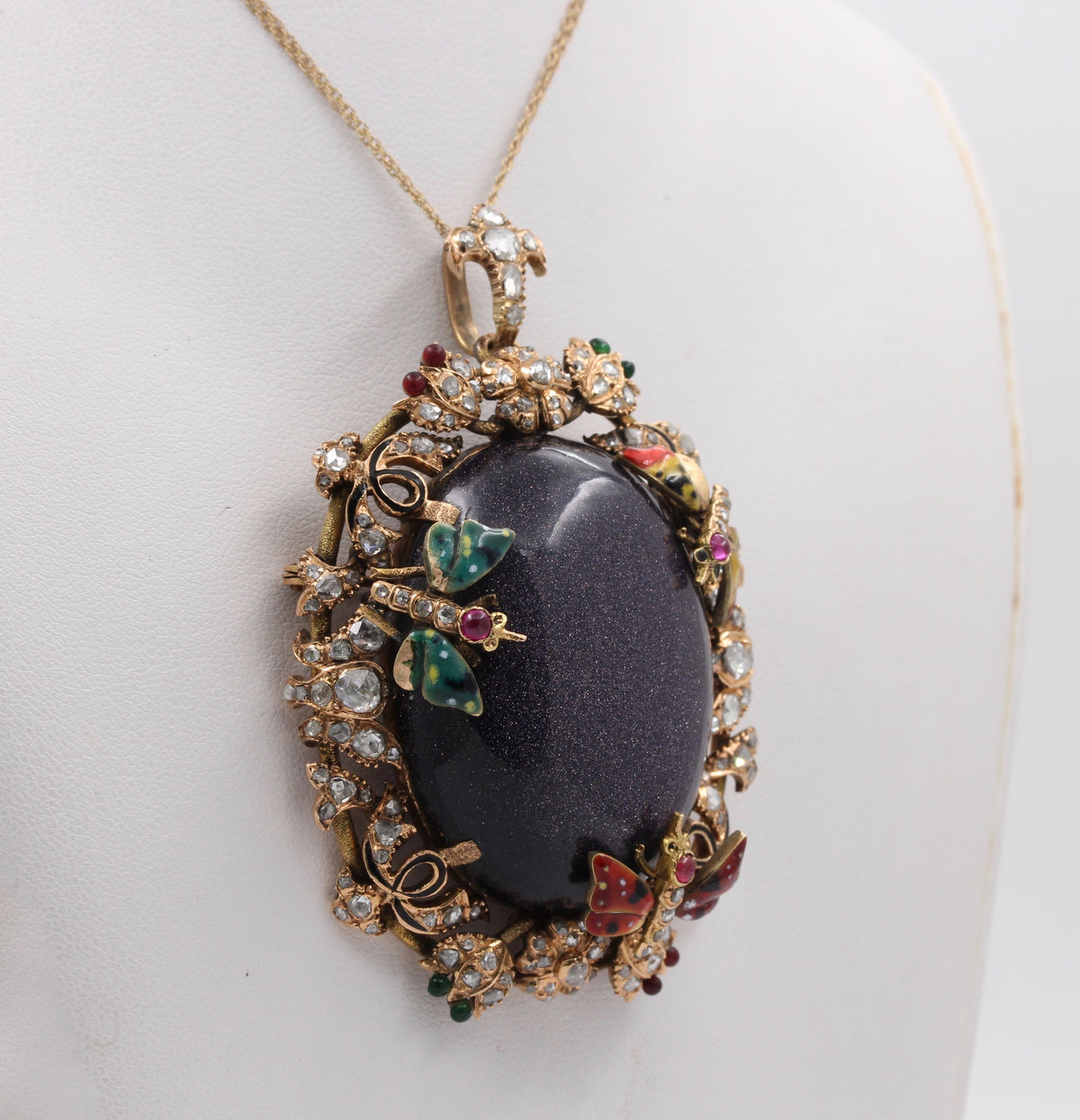 Large Victorian 14K Gold Goldstone, 2.5 Carat Diamond, Enamel Butterfly Flower Pendant, Antique Brooch