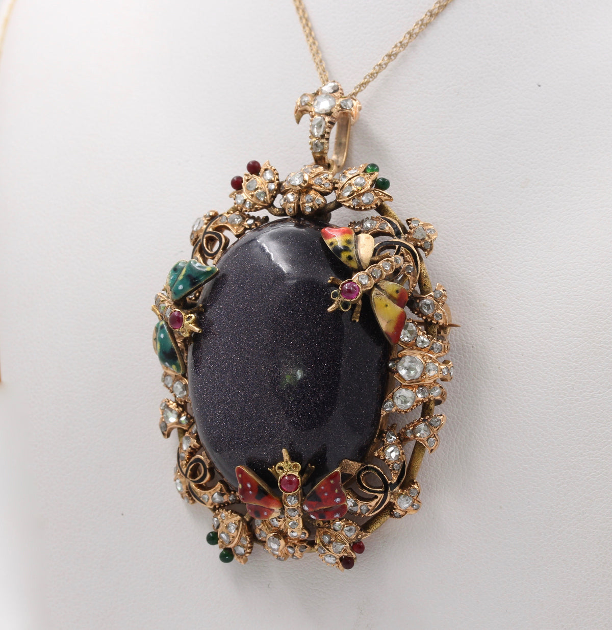 Large Victorian 14K Gold Goldstone, 2.5 Carat Diamond, Enamel Butterfly Flower Pendant, Antique Brooch
