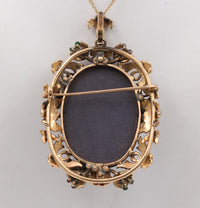 Large Victorian 14K Gold Goldstone, 2.5 Carat Diamond, Enamel Butterfly Flower Pendant, Antique Brooch