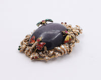 Large Victorian 14K Gold Goldstone, 2.5 Carat Diamond, Enamel Butterfly Flower Pendant, Antique Brooch