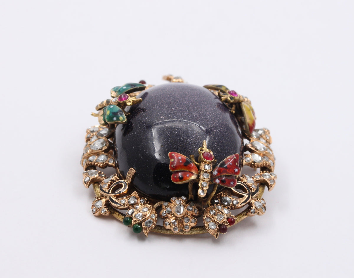 Large Victorian 14K Gold Goldstone, 2.5 Carat Diamond, Enamel Butterfly Flower Pendant, Antique Brooch