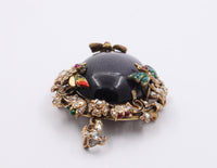 Large Victorian 14K Gold Goldstone, 2.5 Carat Diamond, Enamel Butterfly Flower Pendant, Antique Brooch