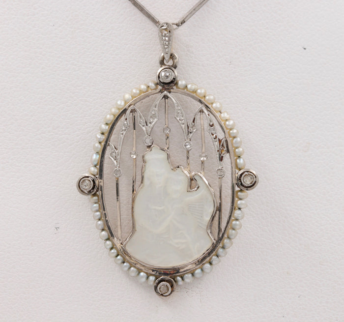 Art Deco Mother-of-Pearl Mary and Jesus Necklace with Diamonds