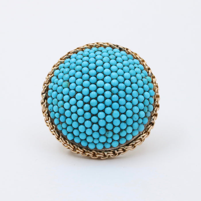 Victorian 14K Gold and Silver Pave Turquoise Dome Shaped Brooch, Antique Pin