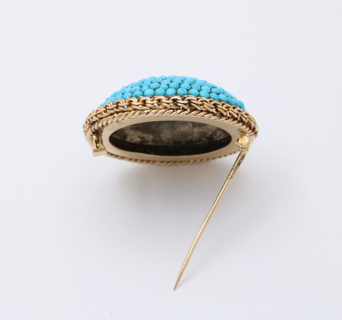 Victorian 14K Gold and Silver Pave Turquoise Dome Shaped Brooch, Antique Pin