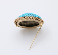 Victorian 14K Gold and Silver Pave Turquoise Dome Shaped Brooch, Antique Pin