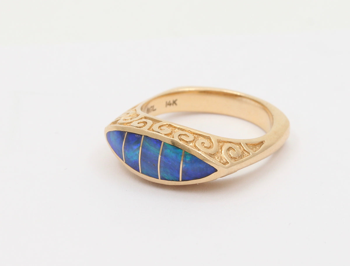 Black Opal Doublet Evil Eye Style 14K Gold Ring, Vintage Band