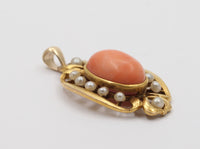 Art Nouveau 14K Gold Angel Skin Coral and Pearl Pendant, Antique Charm Conversion