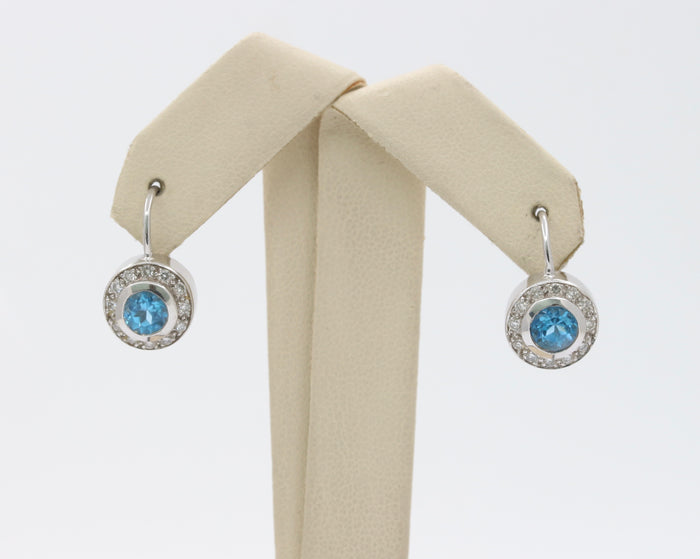 Swiss Blue Topaz Diamond Halo 18K Gold Leverback Earring