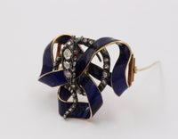 Victorian 18K Gold, Rose Cut Diamond, Enamel Snake Ribbon Brooch, Antique Pin