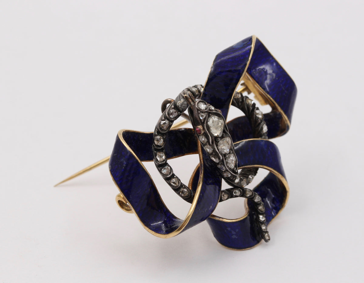 Victorian 18K Gold, Rose Cut Diamond, Enamel Snake Ribbon Brooch, Antique Pin