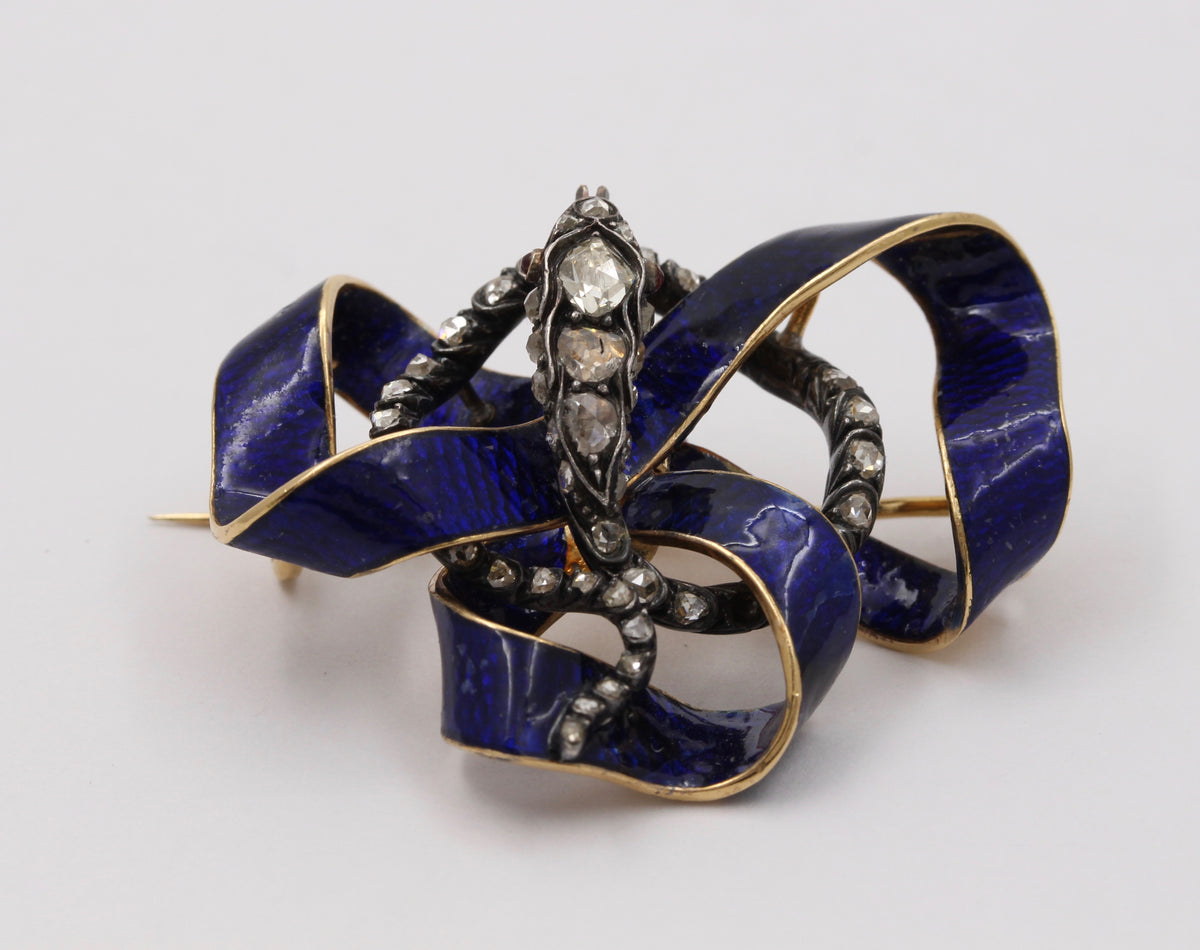 Victorian 18K Gold, Rose Cut Diamond, Enamel Snake Ribbon Brooch, Antique Pin