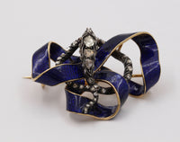 Victorian 18K Gold, Rose Cut Diamond, Enamel Snake Ribbon Brooch, Antique Pin