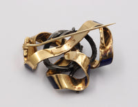 Victorian 18K Gold, Rose Cut Diamond, Enamel Snake Ribbon Brooch, Antique Pin