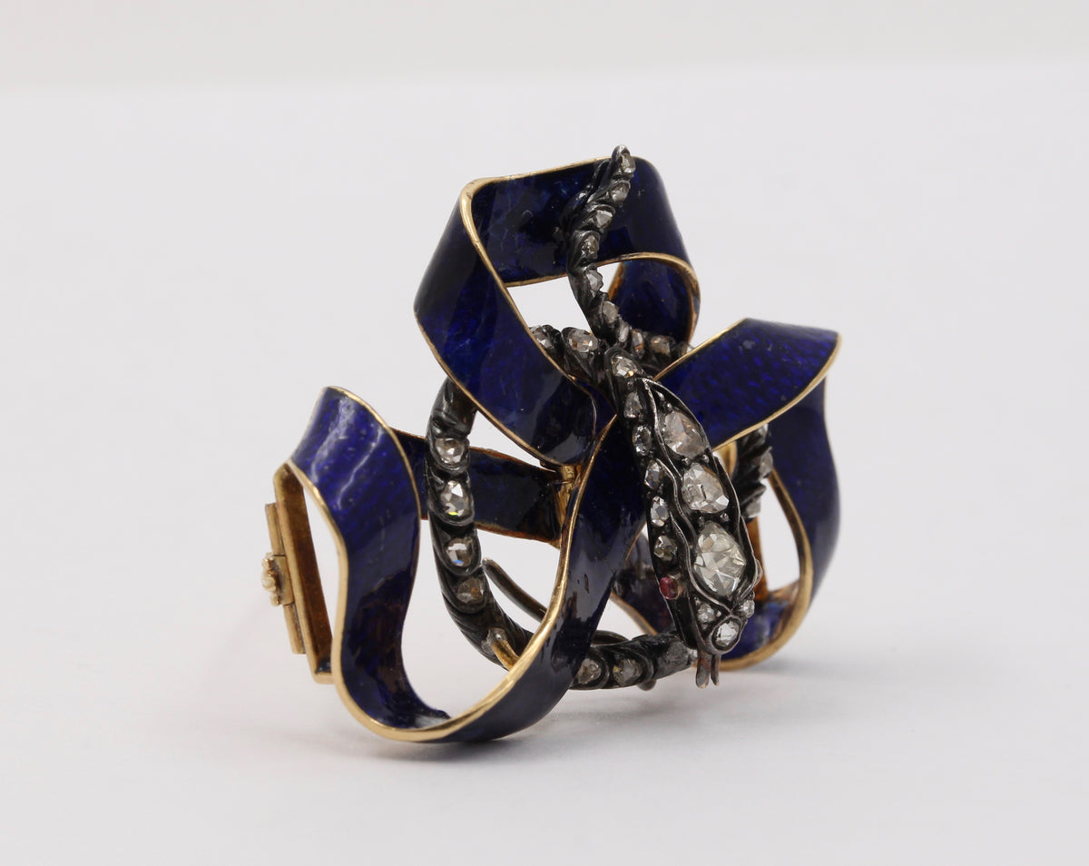 Victorian 18K Gold, Rose Cut Diamond, Enamel Snake Ribbon Brooch, Antique Pin
