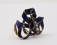 Victorian 18K Gold, Rose Cut Diamond, Enamel Snake Ribbon Brooch, Antique Pin