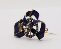 Victorian 18K Gold, Rose Cut Diamond, Enamel Snake Ribbon Brooch, Antique Pin