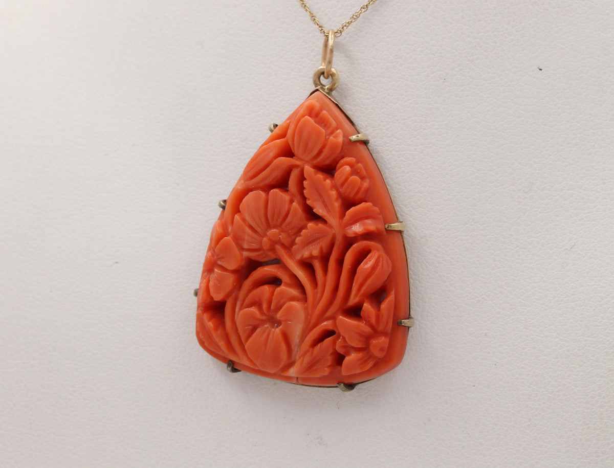 Victorian 9K Gold, Carved Coral Flowers Bouquet Pendant, Antique Charm