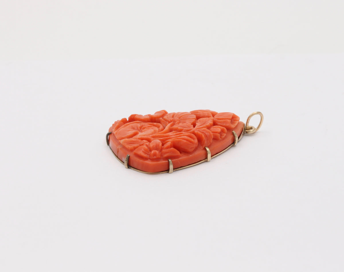 Victorian 9K Gold, Carved Coral Flowers Bouquet Pendant, Antique Charm