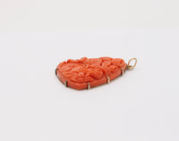 Victorian 9K Gold, Carved Coral Flowers Bouquet Pendant, Antique Charm
