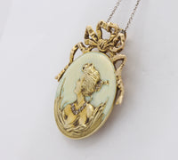 Art Nouveau 14K Gold Diamond Opalescent Enamel Bow Lady Profile Pendant Pin - alpha-omega-jewelry