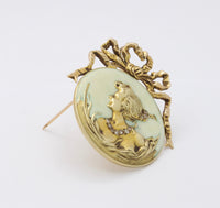Art Nouveau 14K Gold Diamond Opalescent Enamel Bow Lady Profile Pendant Pin - alpha-omega-jewelry