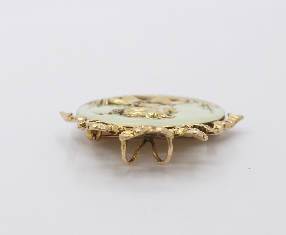 Art Nouveau 14K Gold Diamond Opalescent Enamel Bow Lady Profile Pendant Pin - alpha-omega-jewelry