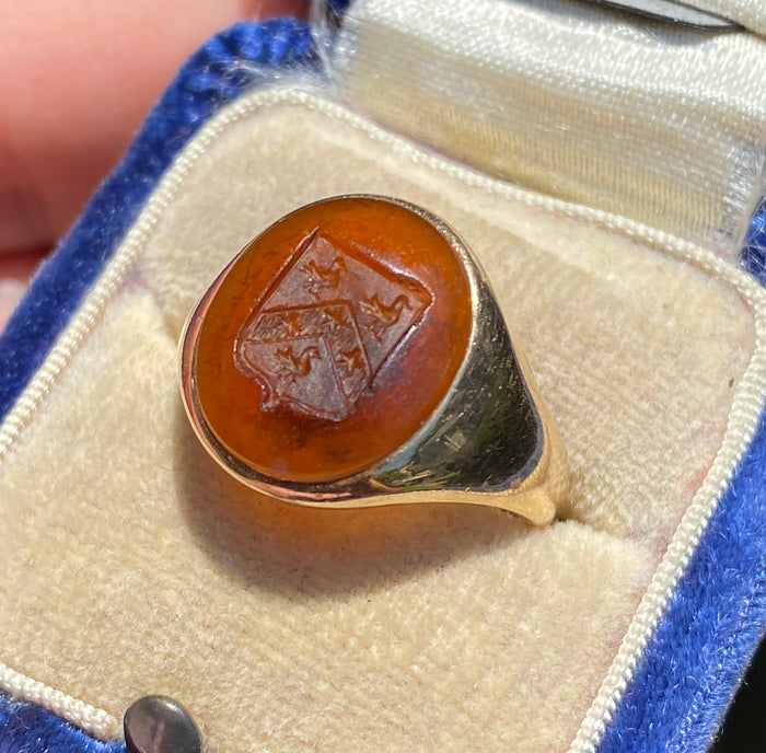 Antique Carved Carnelian Intaglio Ducks and 14K Gold Signet Ring