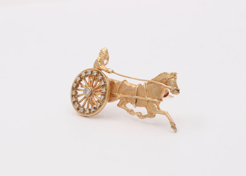 Vintage 14K Gold and Diamond Horse and Carriage, Chariot Articulated Brooch, Pin