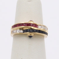 Vintage 18K Gold Carre Cut Diamond, Sapphire, and Ruby Wave Ring, 1970s Stacking Band