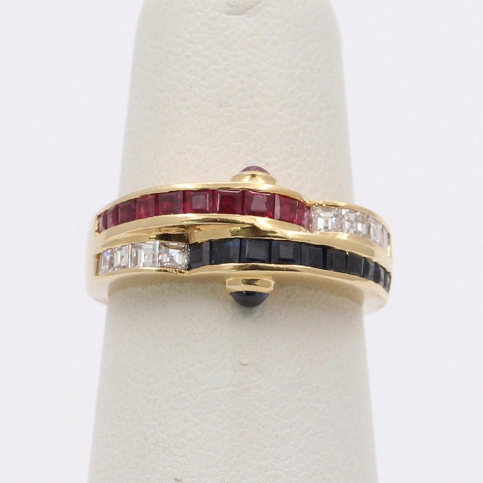 Vintage 18K Gold Carre Cut Diamond, Sapphire, and Ruby Wave Ring, 1970s Stacking Band