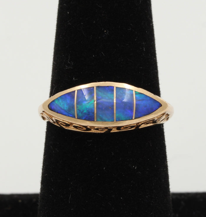 Black Opal Doublet Evil Eye Style 14K Gold Ring, Vintage Band