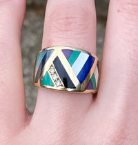 Asch Grossbardt 14K Gold, Inlaid Gemstone, and Diamond Geometric Ring