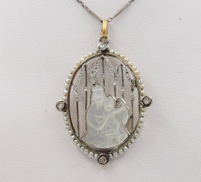 Art Deco Mother-of-Pearl Mary and Jesus Necklace with Diamonds