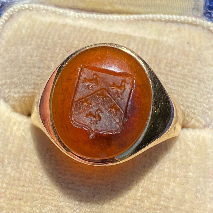 Antique Carved Carnelian Intaglio Ducks and 14K Gold Signet Ring